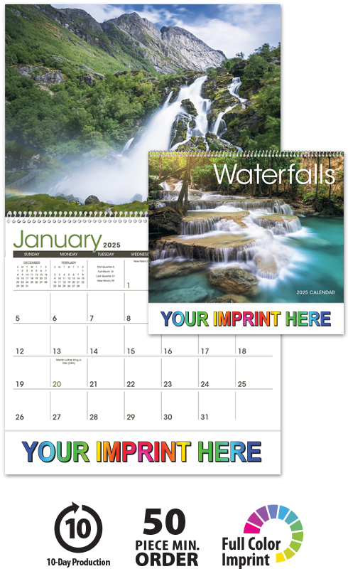 2025 Waterfalls Calendar  11 X 19 Imprinted Spiral Bound; Drop Ad  Imprint Calendars
