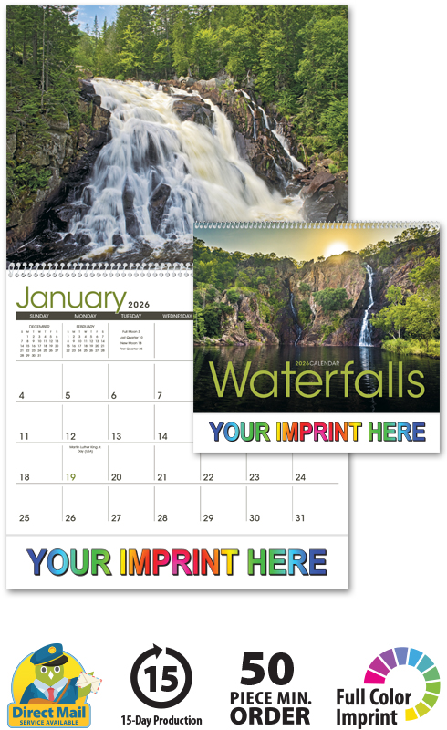 2025 Waterfalls Calendar  11 X 19 Imprinted Spiral Bound; Drop Ad  Imprint Calendars