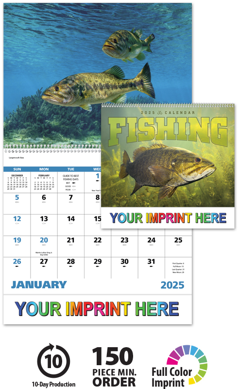 2025 Fishing (Spiral) Calendar  11 X 19 Imprinted Spiral Bound; Drop Ad  Imprint Calendars
