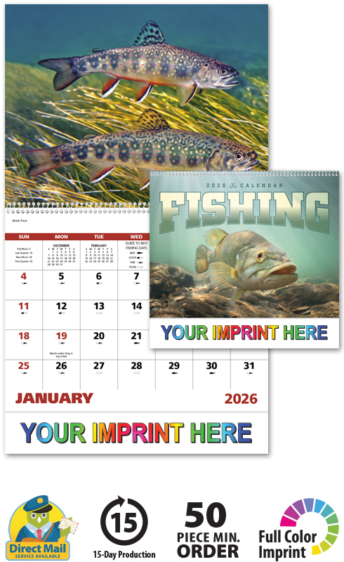 2025 Fishing (Spiral) Calendar  11 X 19 Imprinted Spiral Bound; Drop Ad  Imprint Calendars