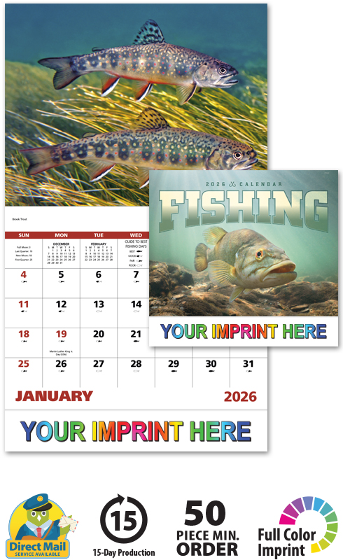 2025 Fishing Calendar  11 X 19 Imprinted Staple Bound; Drop Ad Imprint  Calendars