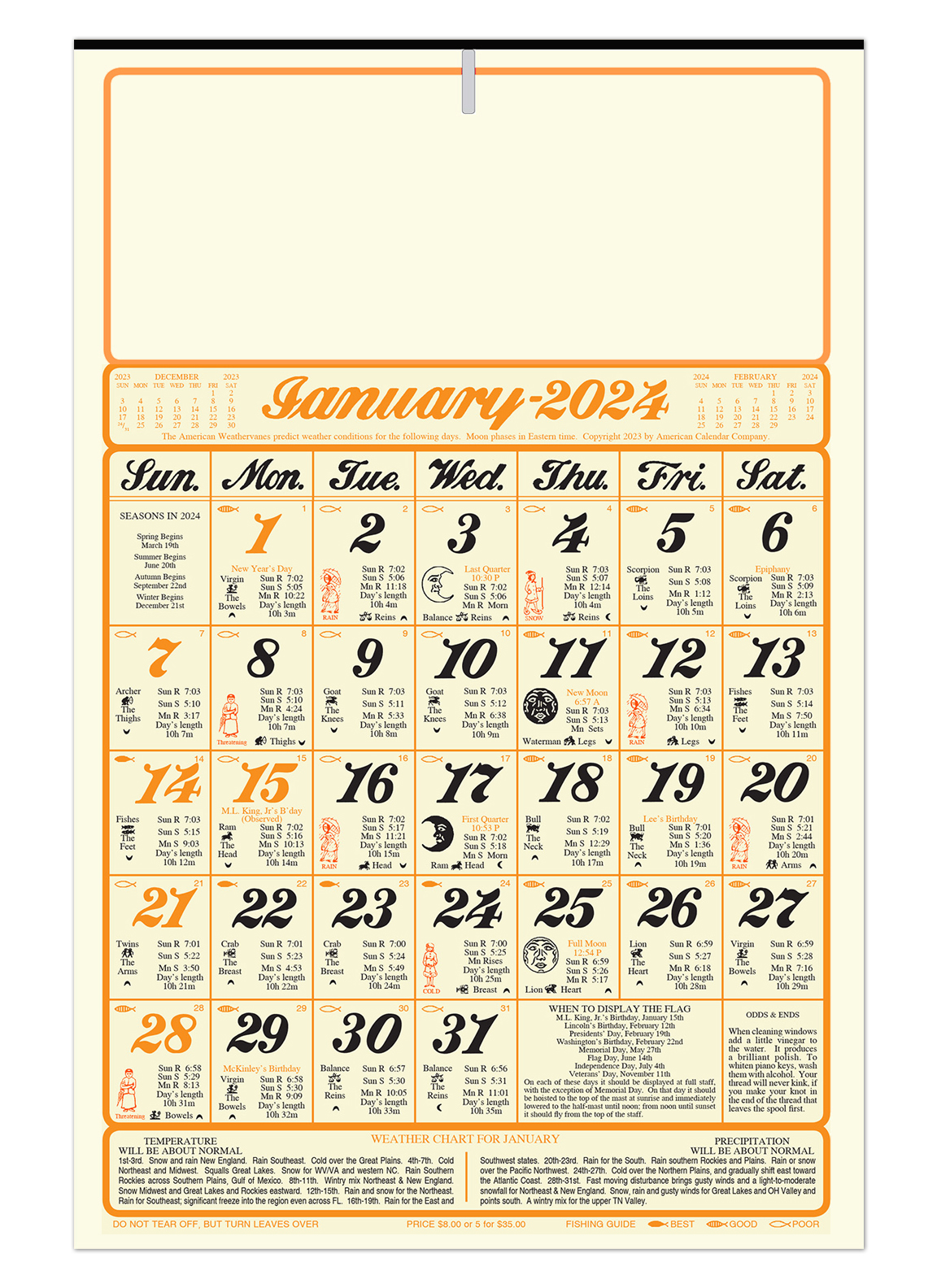 6 Sheet Almanac Calendar, Antique Cream Paper (11x17)