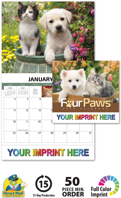 2023 Four Paws Promotional Wall Calendar | 10-7/8" x 18" Staple Bound