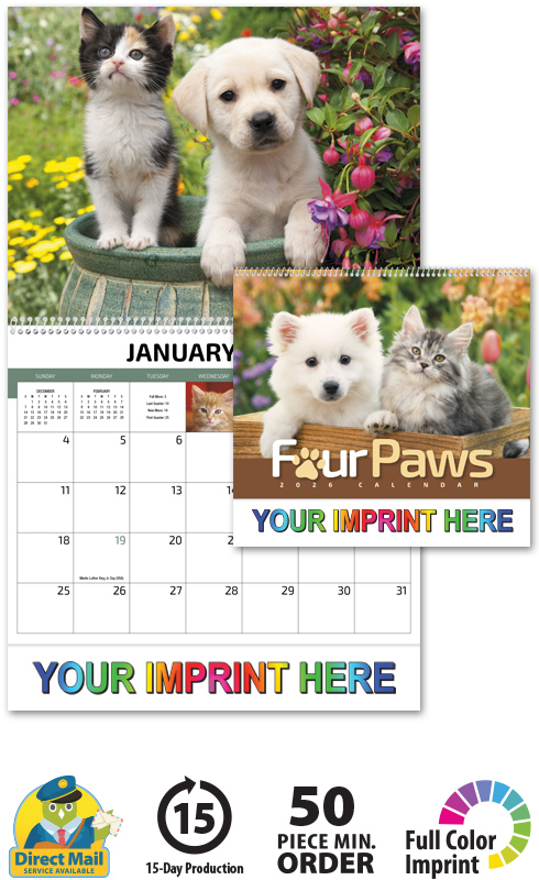 2024 Four Paws (Spiral) Wall Calendar | 10-7/8" x 18" Promotional
