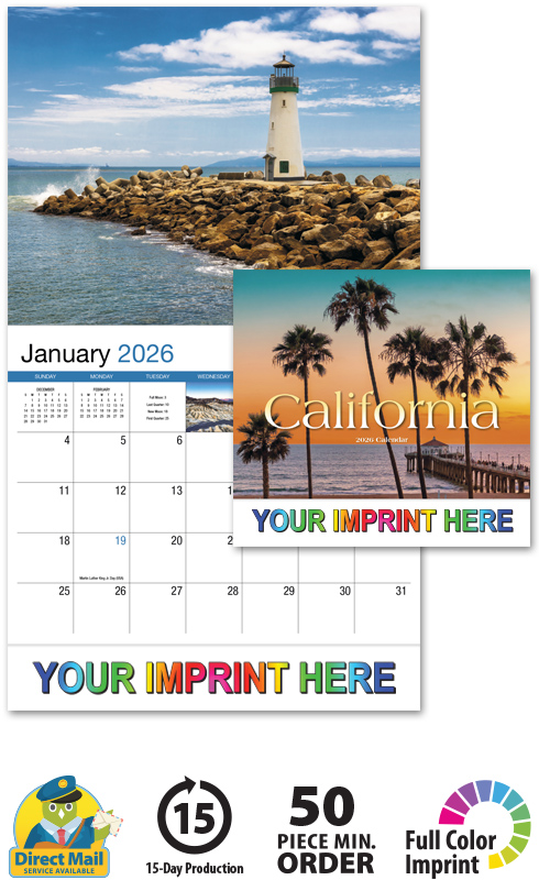 2025 California Promotional Wall Calendar  10-7/8" x 18" Staple Bound; Drop Ad Imprint Wall 
