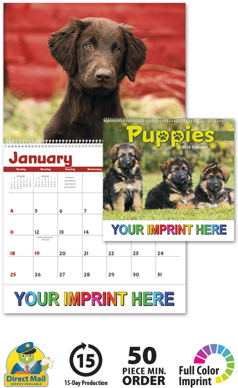 2025 Puppies Calendar  11" X 19" Imprinted Spiral Bound; Drop Ad Imprint Calendars  Dog Calendars