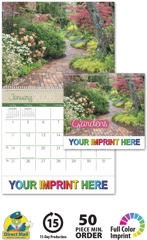 2025 Gardens Calendar 1251  11" X 19" Imprinted Spiral Bound; Drop Ad Imprint Calendars