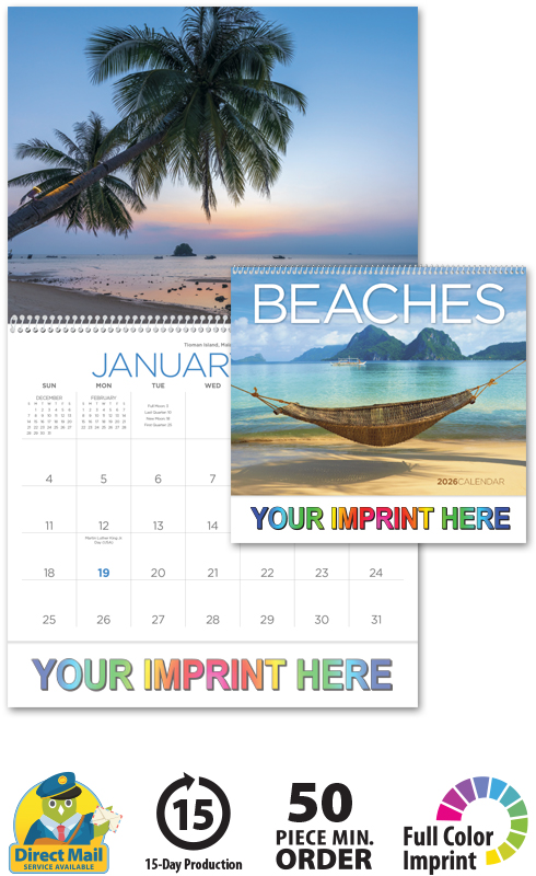 2024 Beaches Calendar | 11" X 19" Imprinted Spiral Bound; Drop Ad