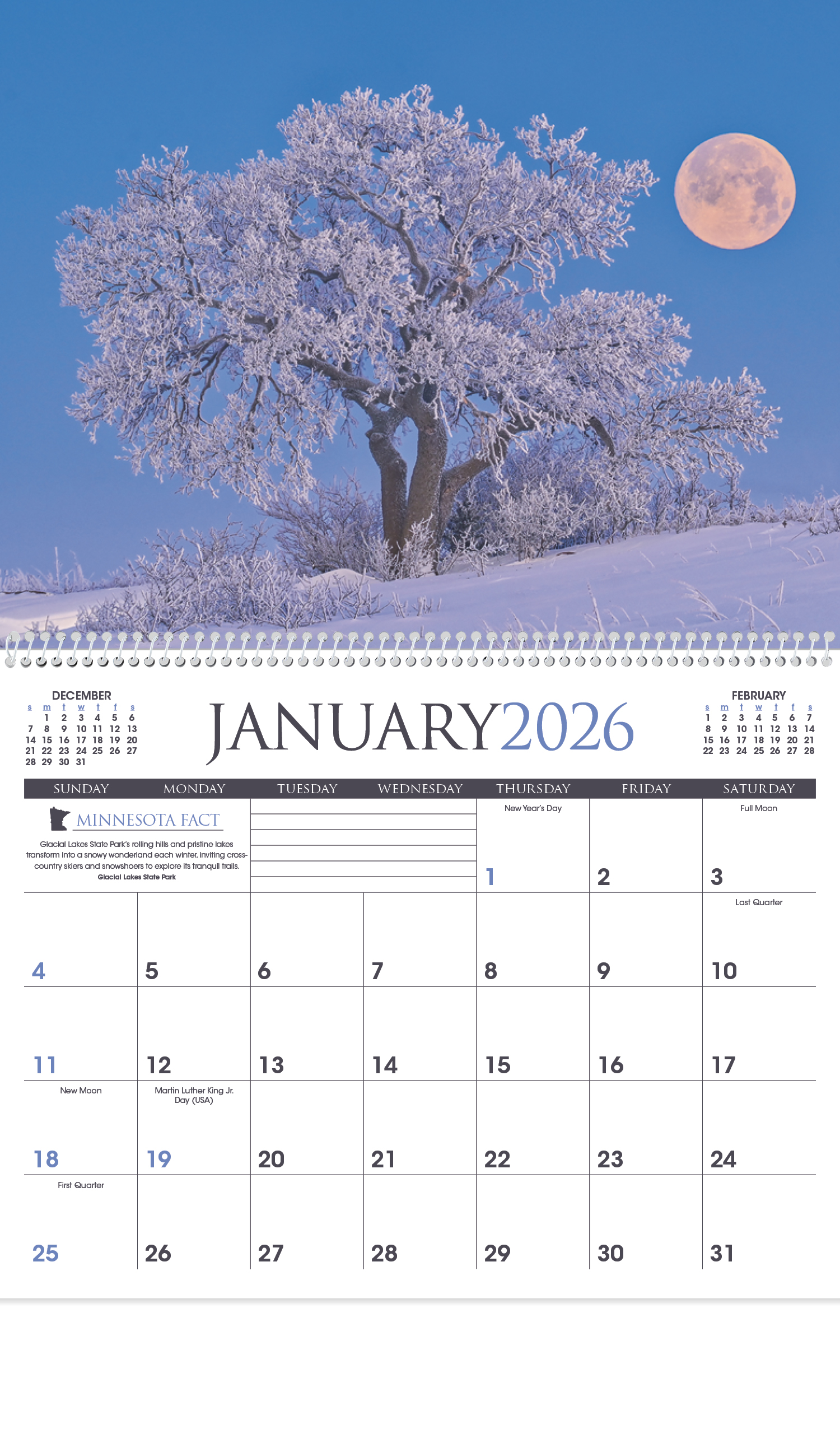 2024 Minnesota Calendar 11" X 19" Imprinted Spiral Bound; Drop Ad