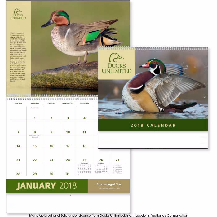 2018 Ducks Unlimited Calendar 11" X 19" Imprinted Spiral Bound; Drop
