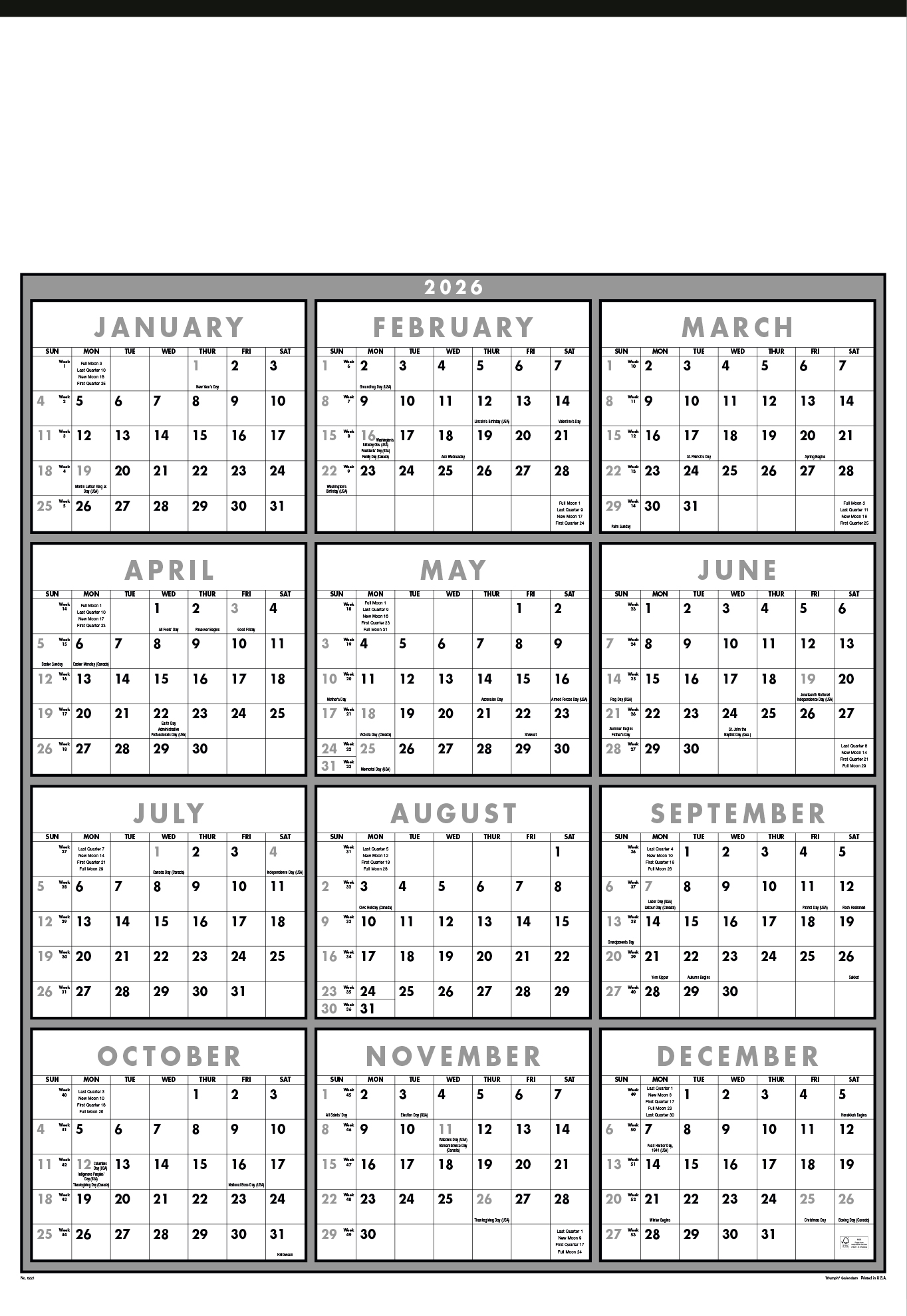 Span-A-Year (Laminated) Calendar, Black & White | ValueCalendars.com