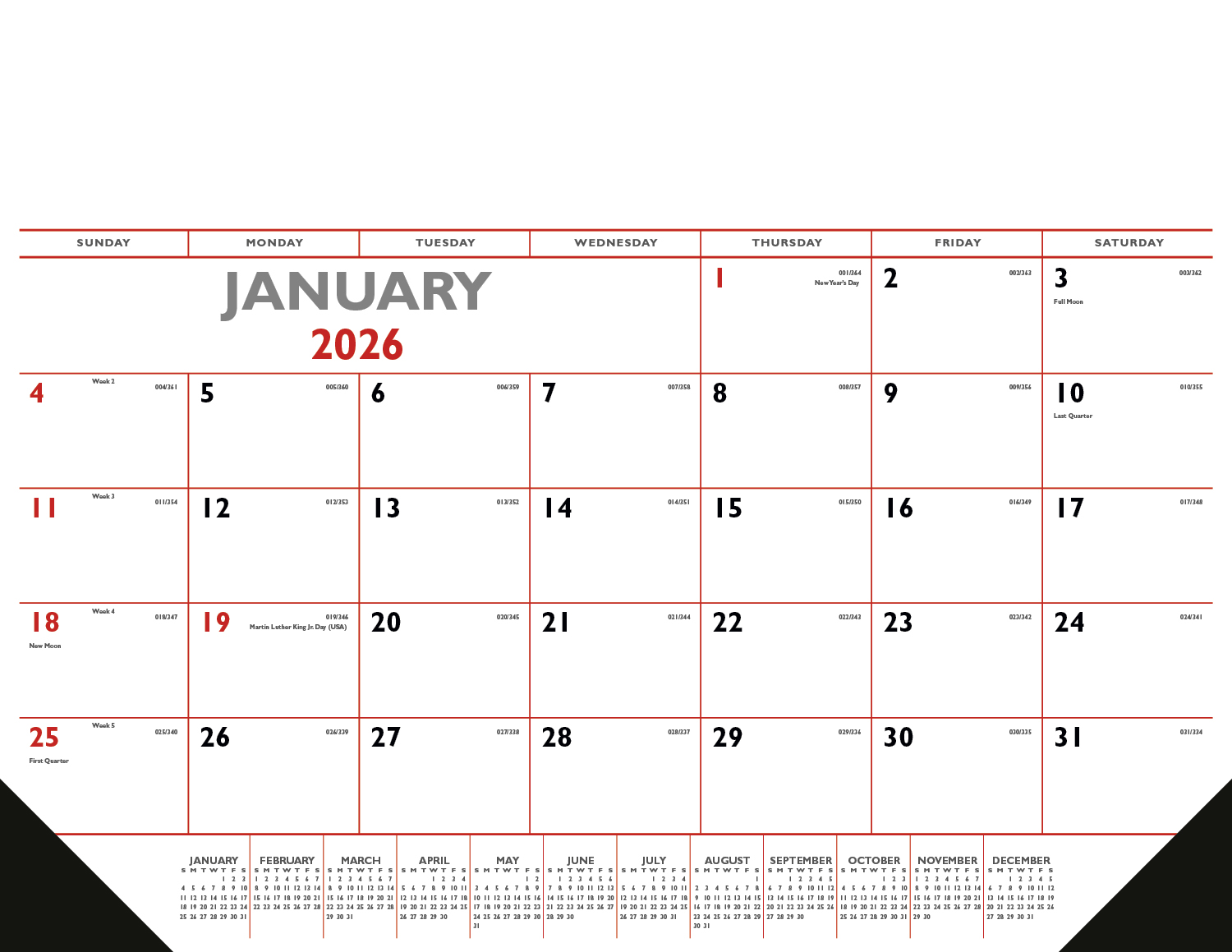 2025 Red & Black Desk Pad Calendar 22" x 17" Deskpad Calendars