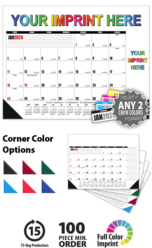 2025 Multi-Colored Desk Pad Calendar, Top & Right Side Ad | 22" x 17
