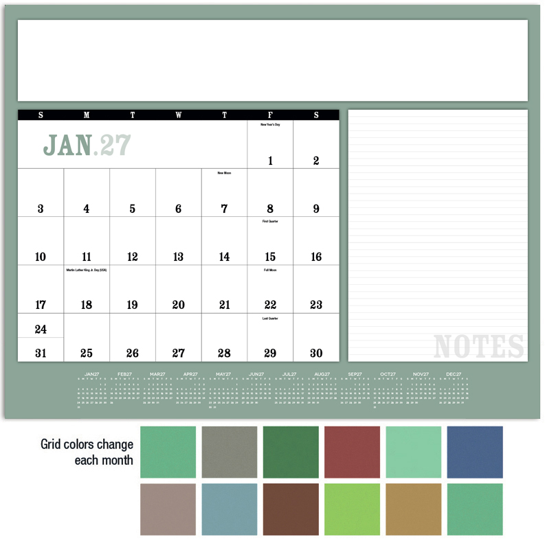 Desk Pad Calendar; Modern Notes (No Corners) | ValueCalendars.com