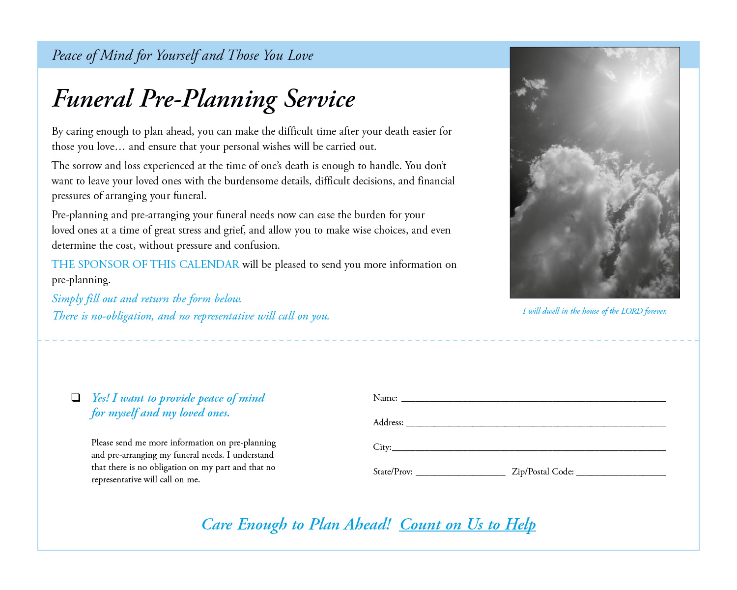 2025 God's Gift Funeral PrePlanning English Calendar 11" X 19