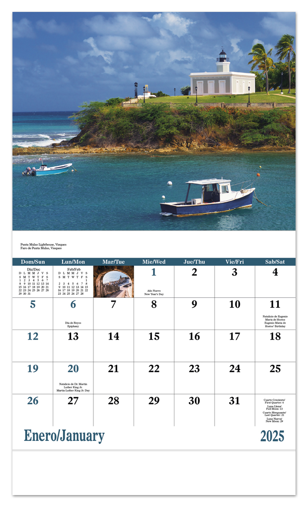 2024 Puerto Rico Calendar 11" X 19" Imprinted Staple Bound; Drop Ad