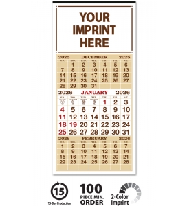 3-Month View Calendar, 13 x 27 (Brown &amp; Red)