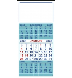 3-Month View Calendar, 13 x 27 (Lt Blue &amp; Red)