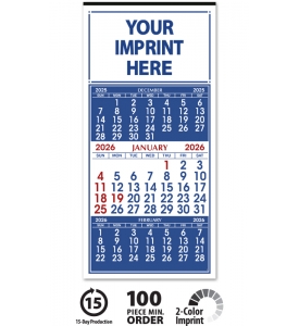 3-Month View Calendar, 13 x 27 (Blue &amp; Red)