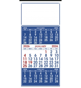 3-Month View Calendar, 13 x 27 (Blue &amp; Red)
